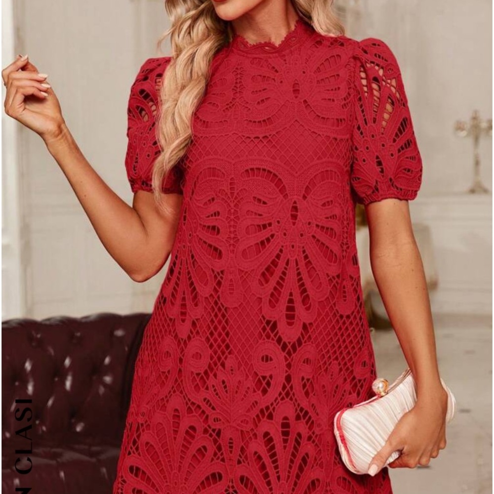 Red Womens Clasi Lace Puff Sleeve Tunic Dress sz L